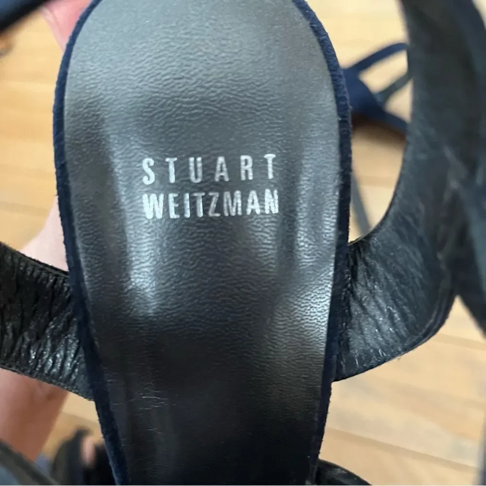 Stuart Weitzman Navy Blue Suede T-Strap Platform Heels - Picture 10 of 11